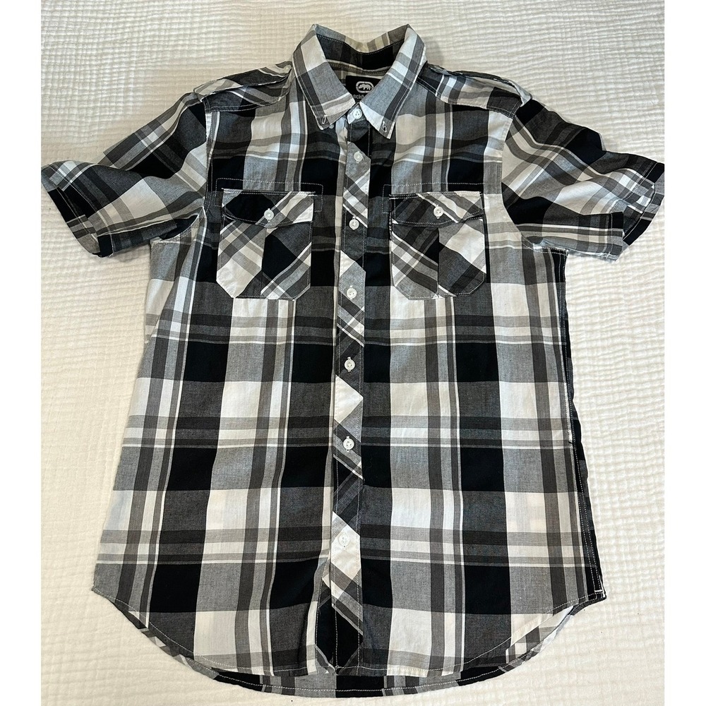 Ecko Unltd Boys Plaid Button Down Short Sleeve‎ Shirt Size S Black White